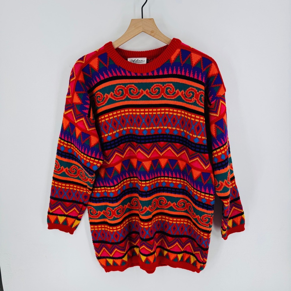 Vintage Adina 80s Sweater XL XXL Multicolor Geometric Made USA Oversized